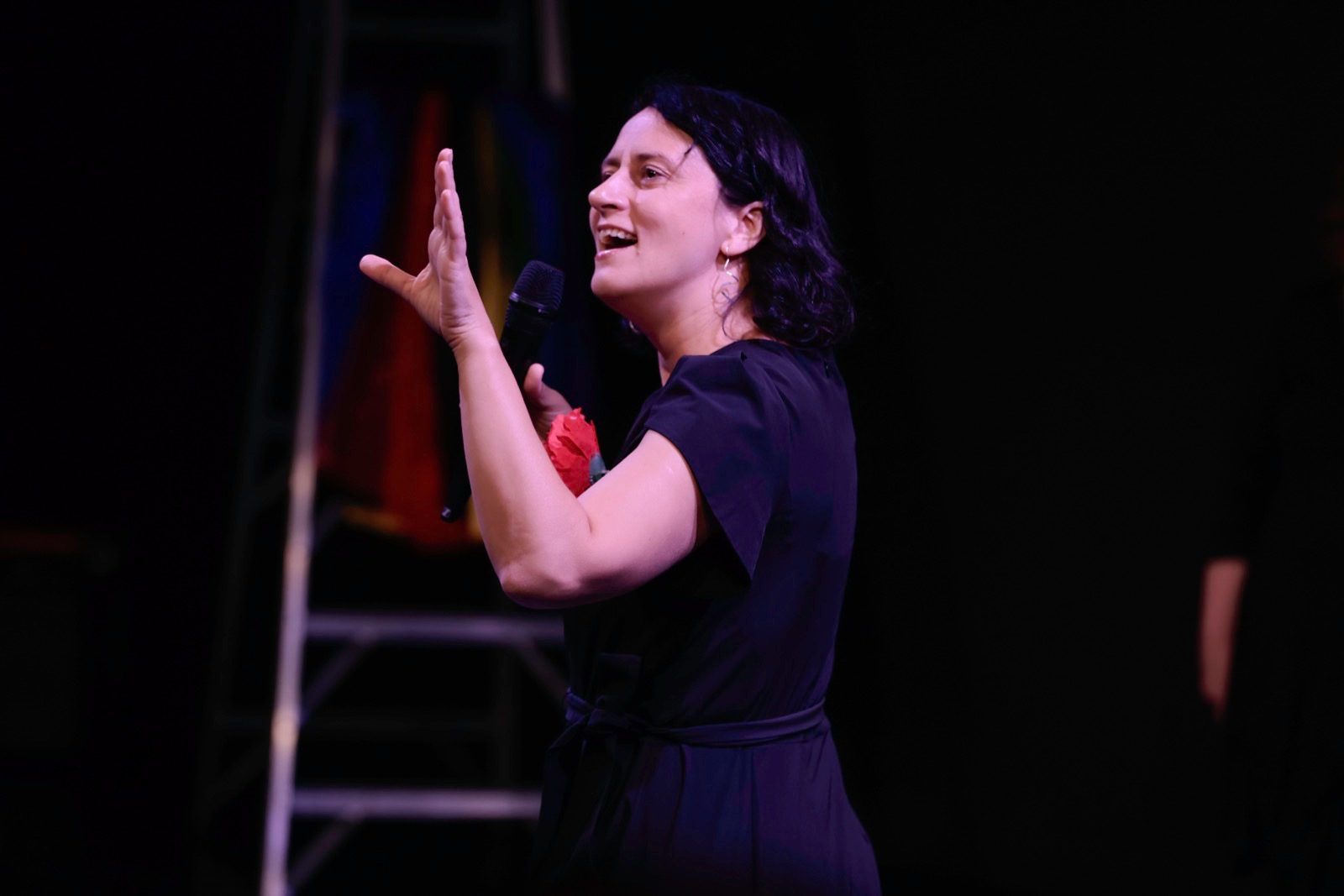 A performer speaks with expressive hands under warm light